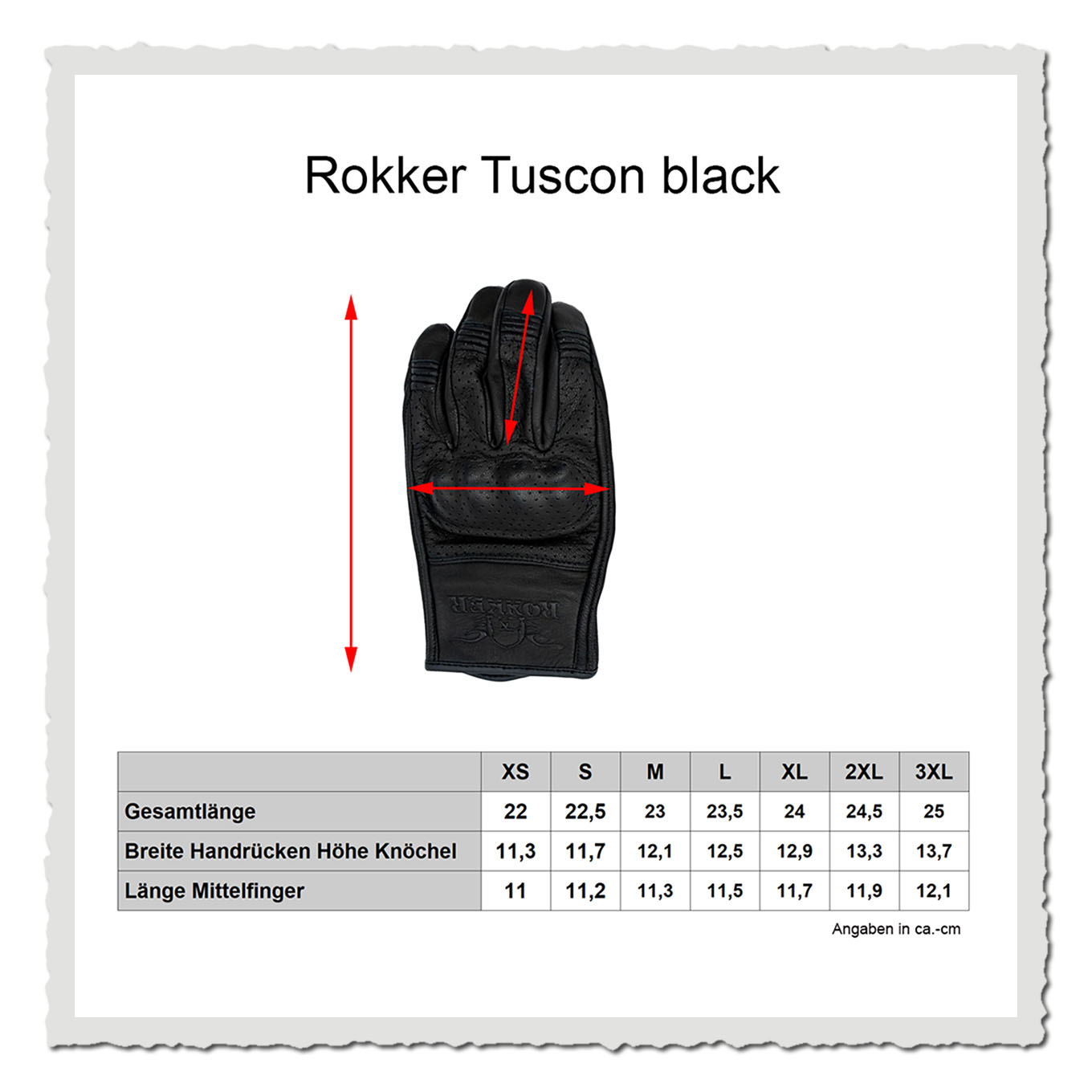Masstabelle Motorradhandschuh mit Größen-Grafik und freigestelltem Handschuh vor hellem Hintergrund